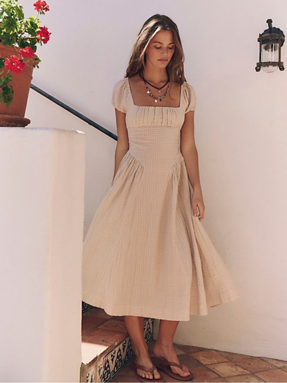 Free People Cream Midi Dress with Puff Sleeves